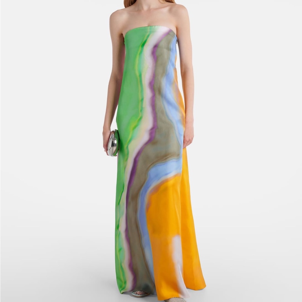 Strapless Multicolor Watercolor Maxi Dress